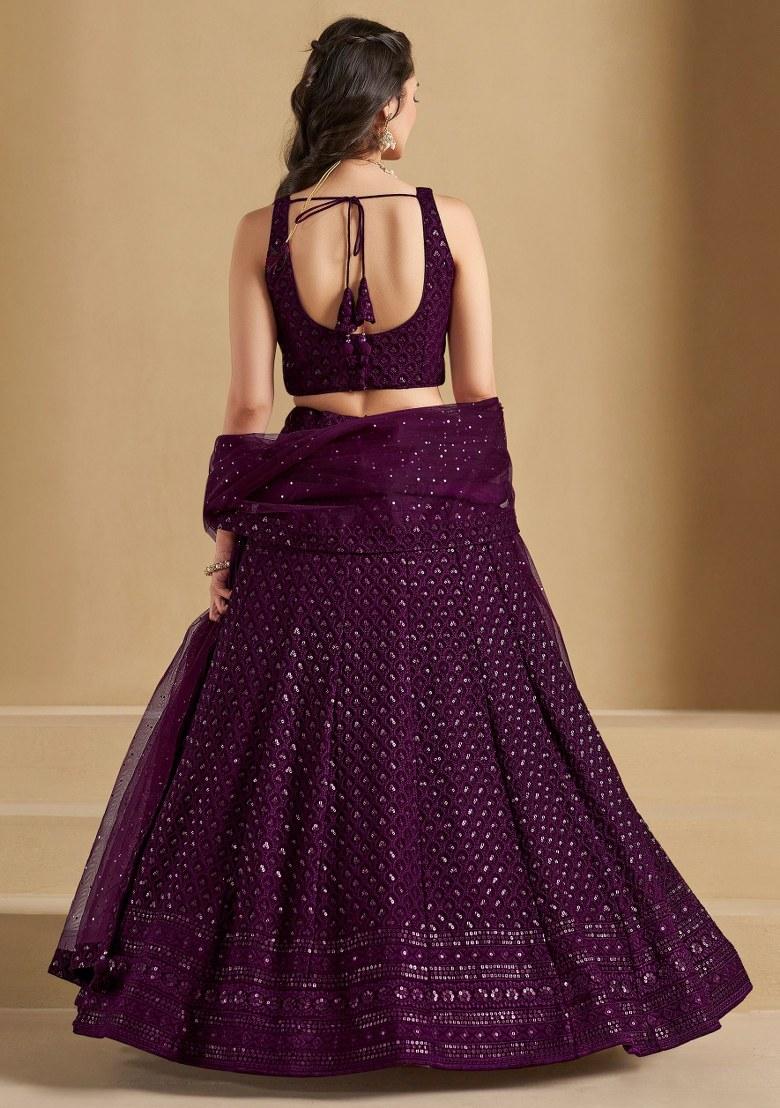 Wine Embroidered Georgette Lehenga Set With Dupatta