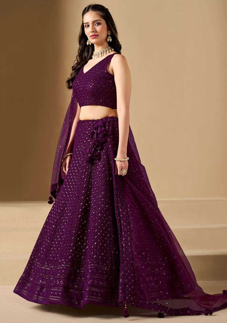 Wine With Dupatta Georgette Lehenga Set with Embroidered for Diwali | Wedding & Festive Wear - Indya