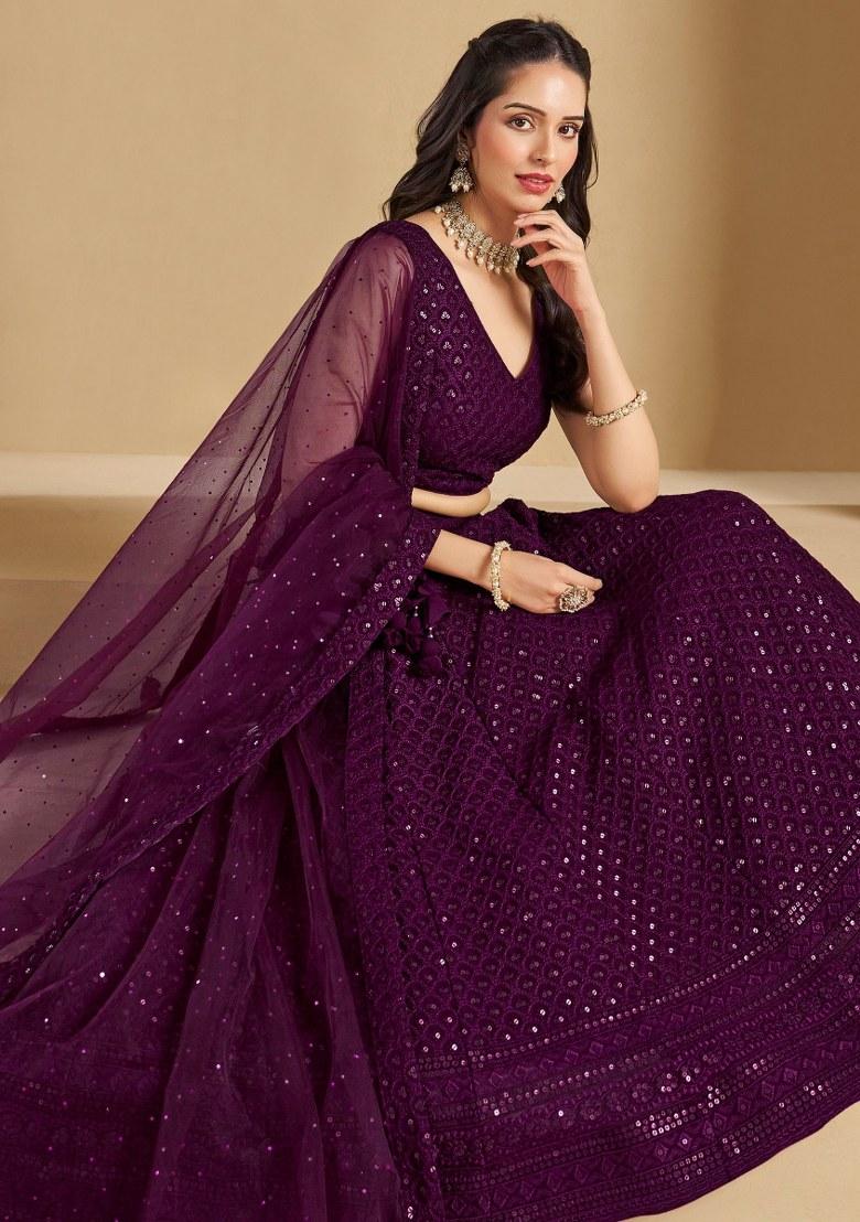 Wine Embroidered Georgette Lehenga Set With Dupatta