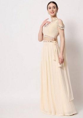 Beige Embroidered Georgette Lehenga Set With Dupatta