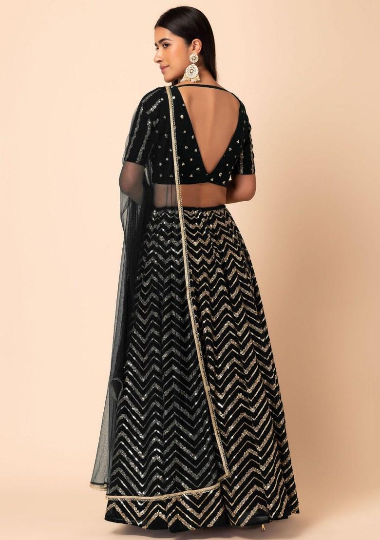 Black Embroidered Georgette Lehenga Set With Dupatta
