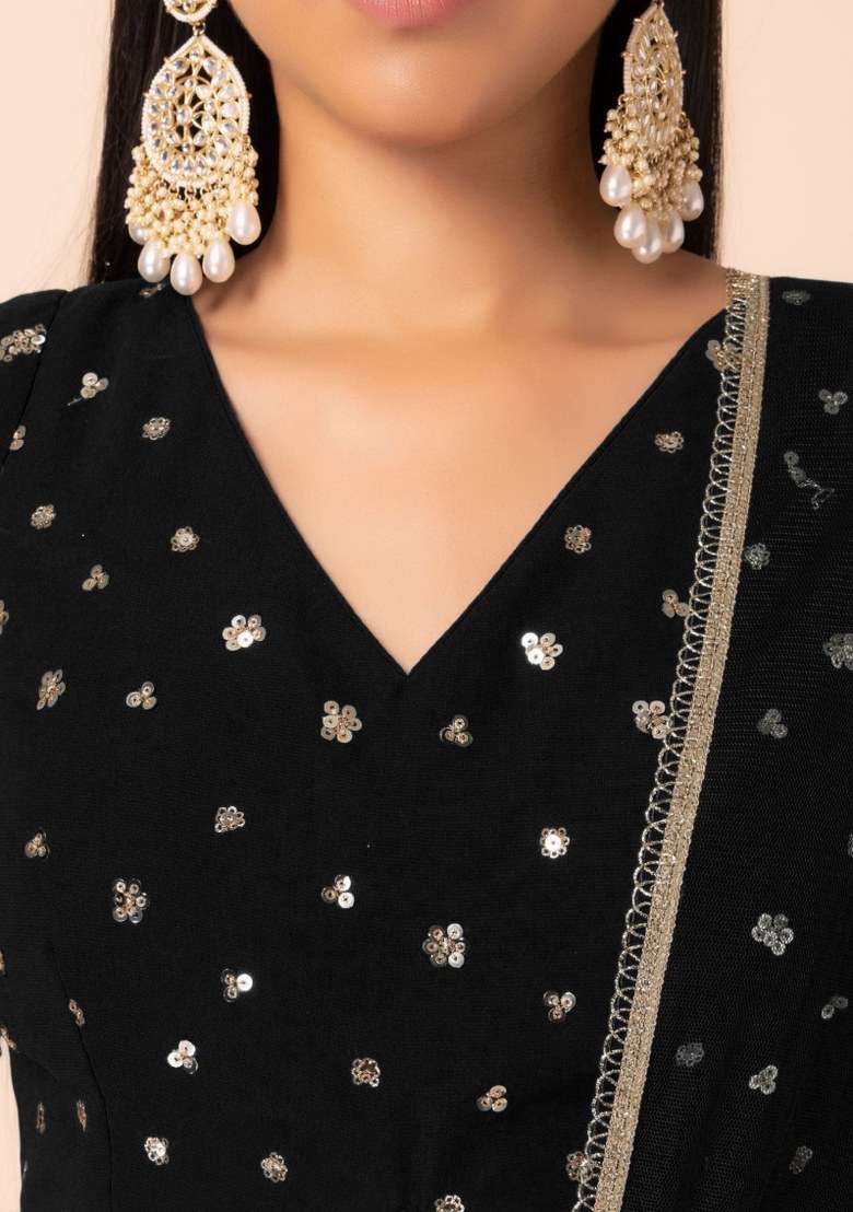 Black Embroidered Georgette Lehenga Set With Dupatta for Diwali and Festive Wear - Indya