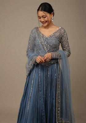 Blue Embroidered Georgette Lehenga Set With Dupatta