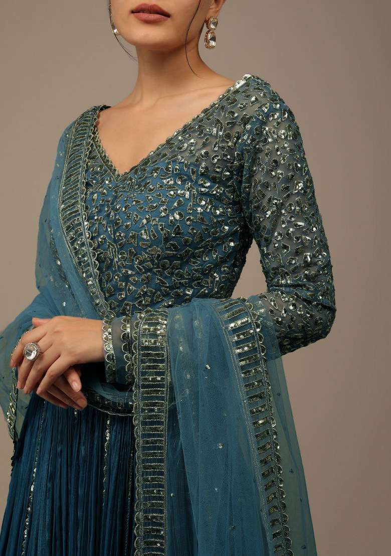 Blue Embroidered Georgette Lehenga Set With Dupatta for Diwali and Festive Wear - Indya