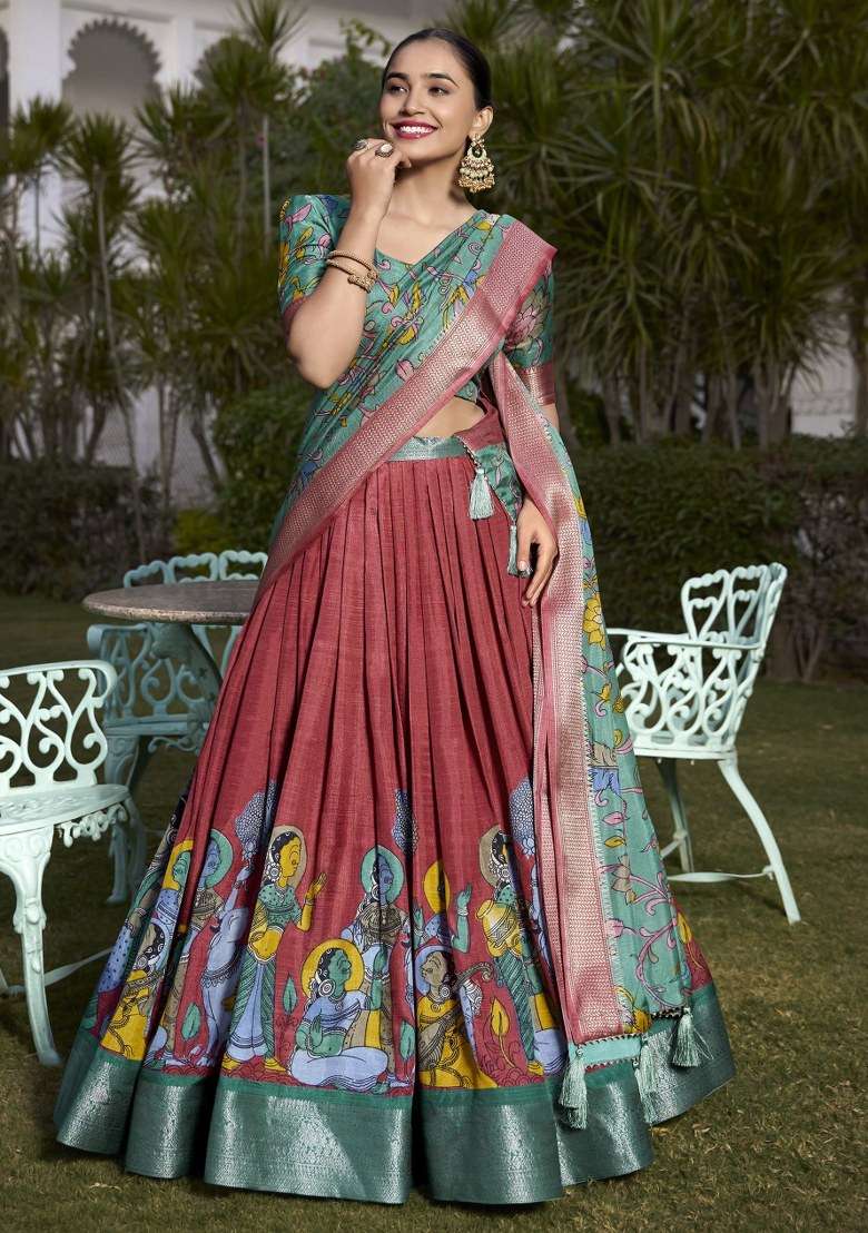 Red Printed Silk Lehenga Set With Dupatta - Indya