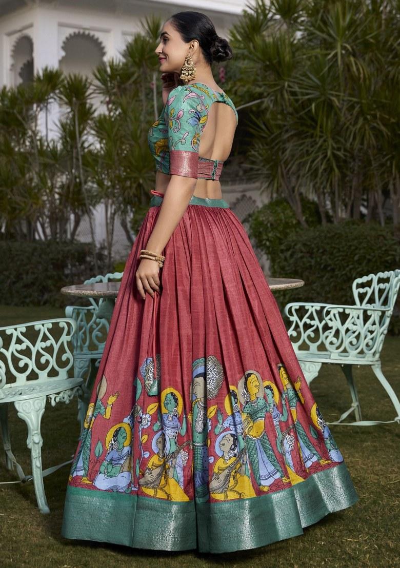 Red Printed Silk Lehenga Set With Dupatta
