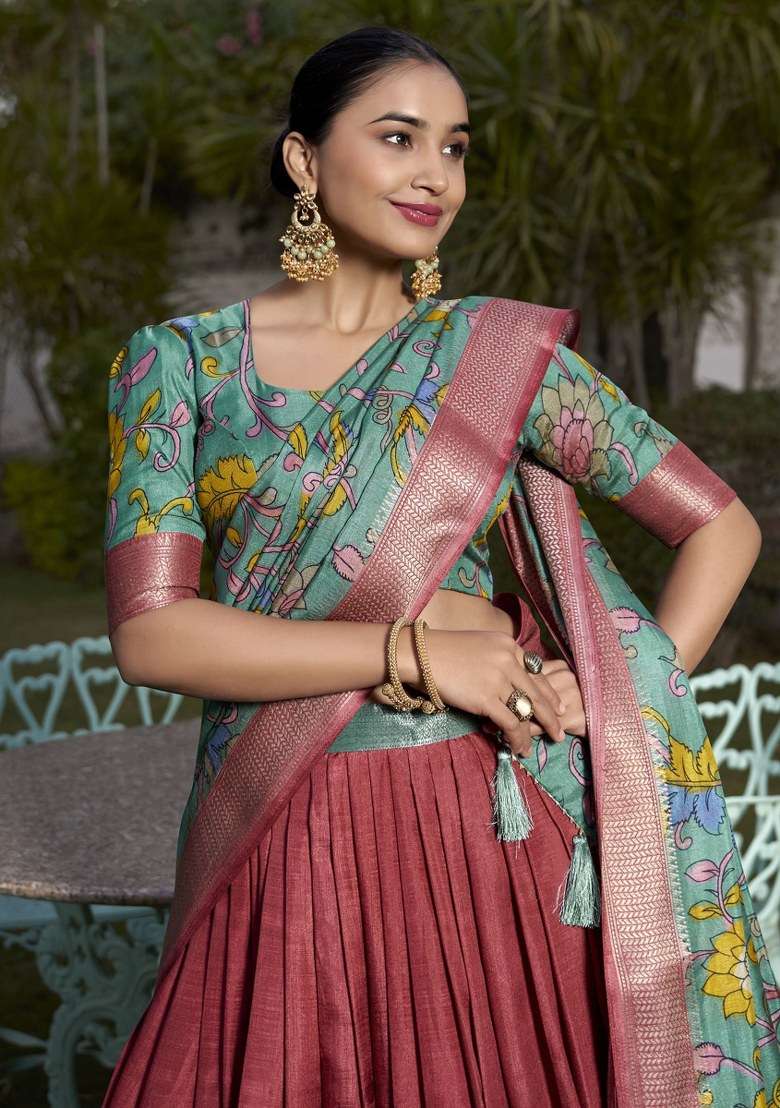 Red Printed Silk Lehenga Set With Dupatta - Indya