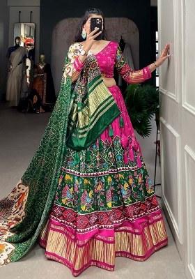 Pink Printed Silk Lehenga Set With Dupatta