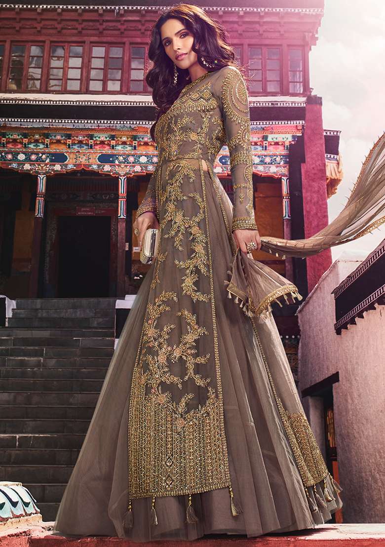 Brown Digital Print Net Lehenga Set - Indya