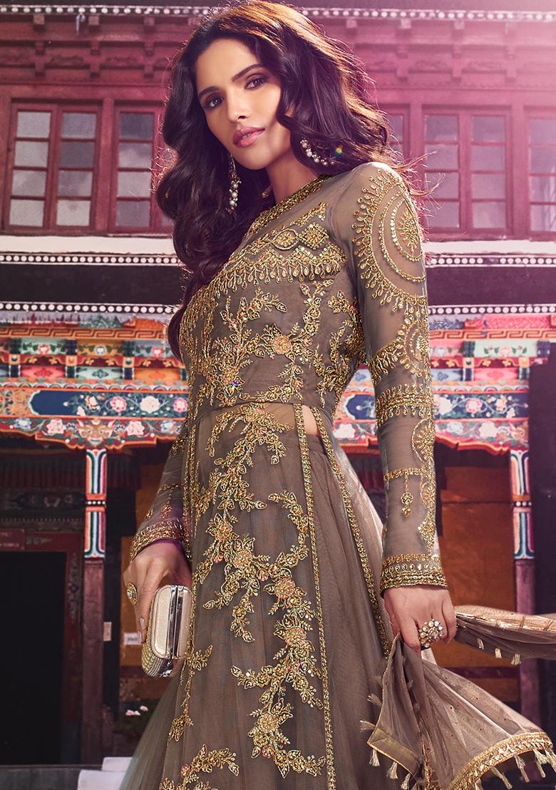 Brown Digital Print Net Lehenga Set