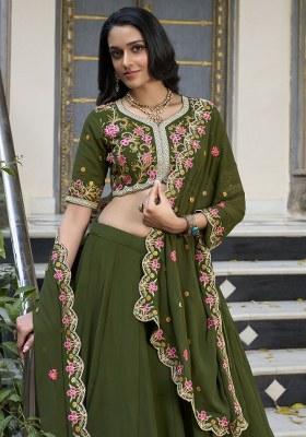 Green Embroidered Georgette Lehenga Set With Dupatta