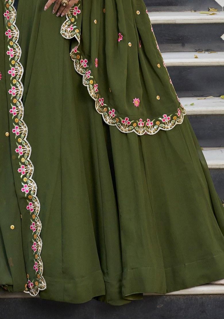 Green Embroidered Georgette Lehenga Set With Dupatta