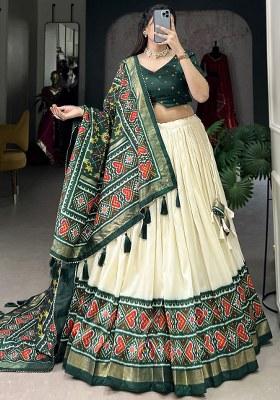 Green Printed Silk Lehenga Set With Dupatta