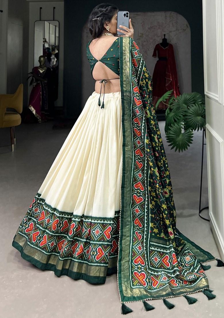 Green Printed Silk Lehenga Set With Dupatta