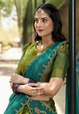 Green Embroidered Silk Lehenga Set With Dupatta