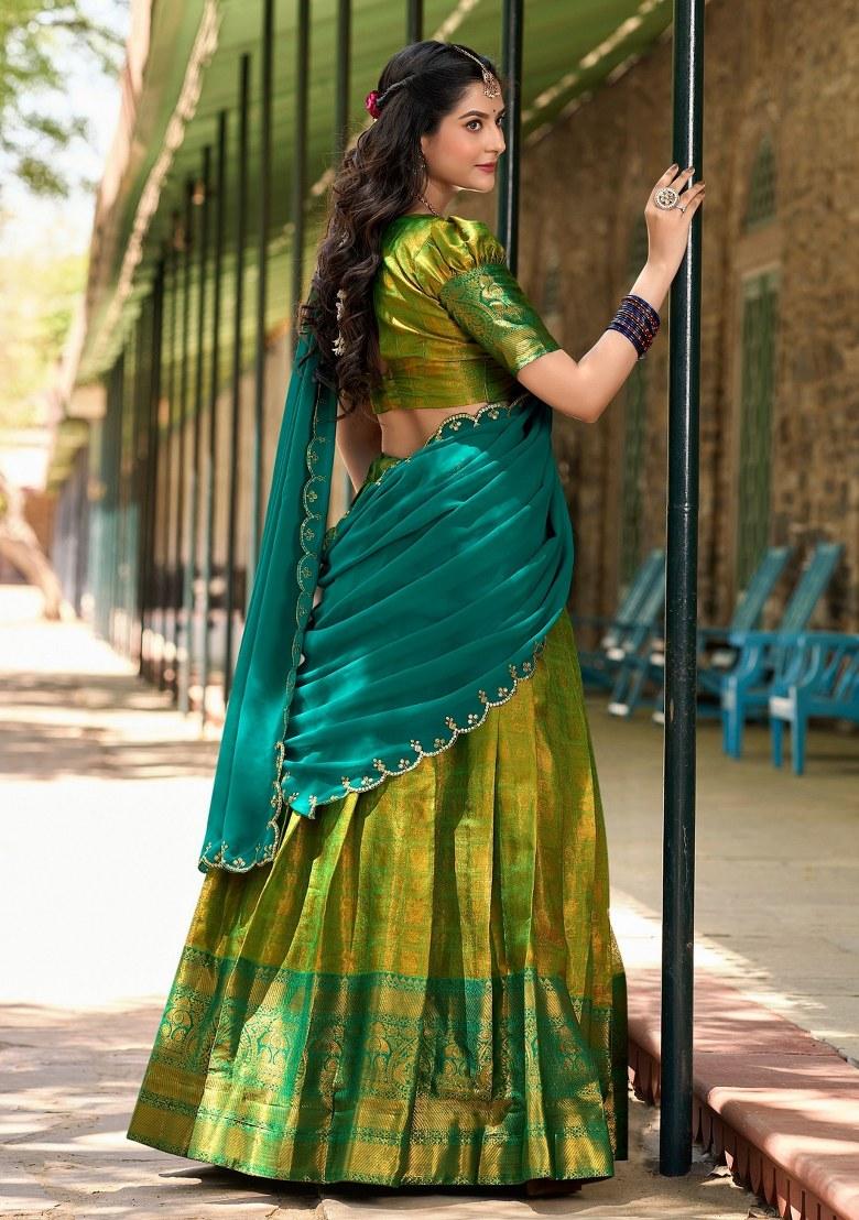 Green Embroidered Silk Lehenga Set With Dupatta