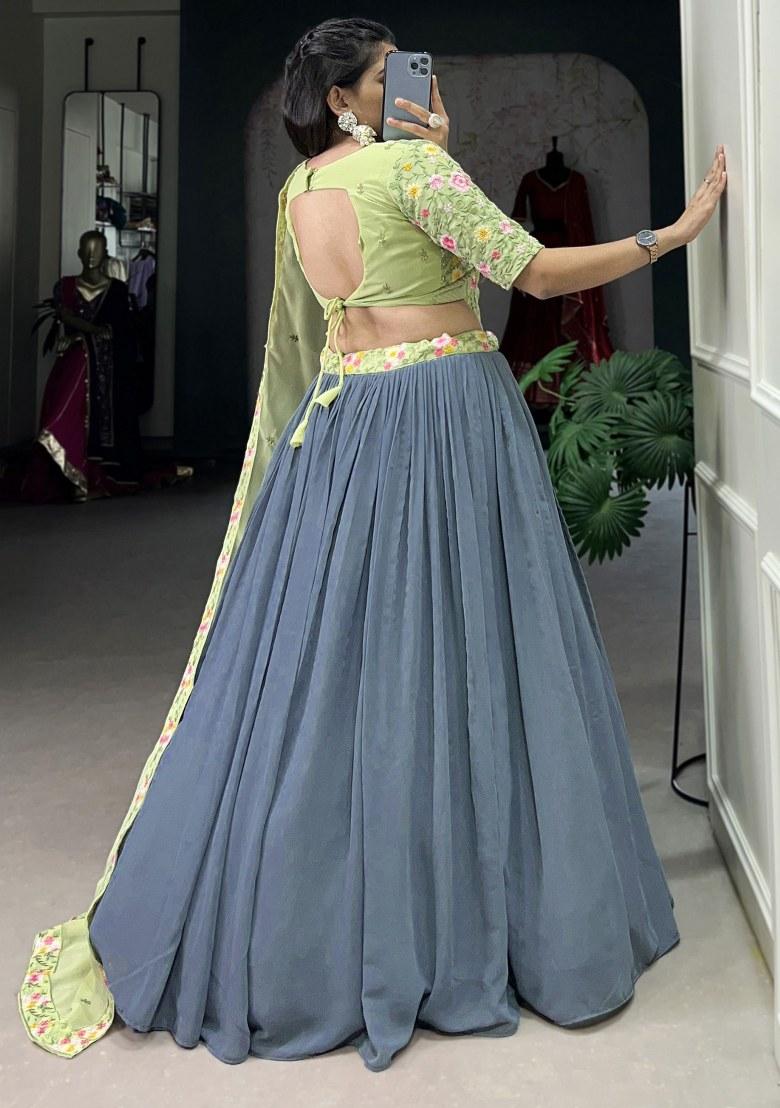 Grey Embroidered Georgette Lehenga Set With Dupatta