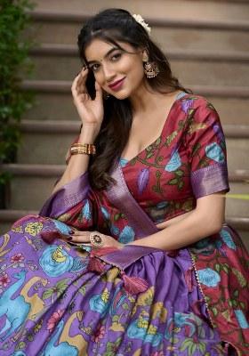 Lavender Printed Silk Blend Lehenga Set With Dupatta