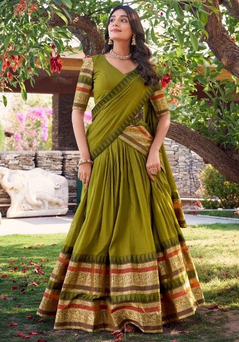 Green Embroidered Chanderi Lehenga Set With Dupatta — view on Indya
