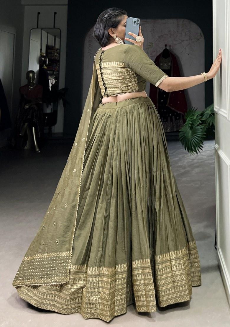 Green Embroidered Chanderi Lehenga Set With Dupatta