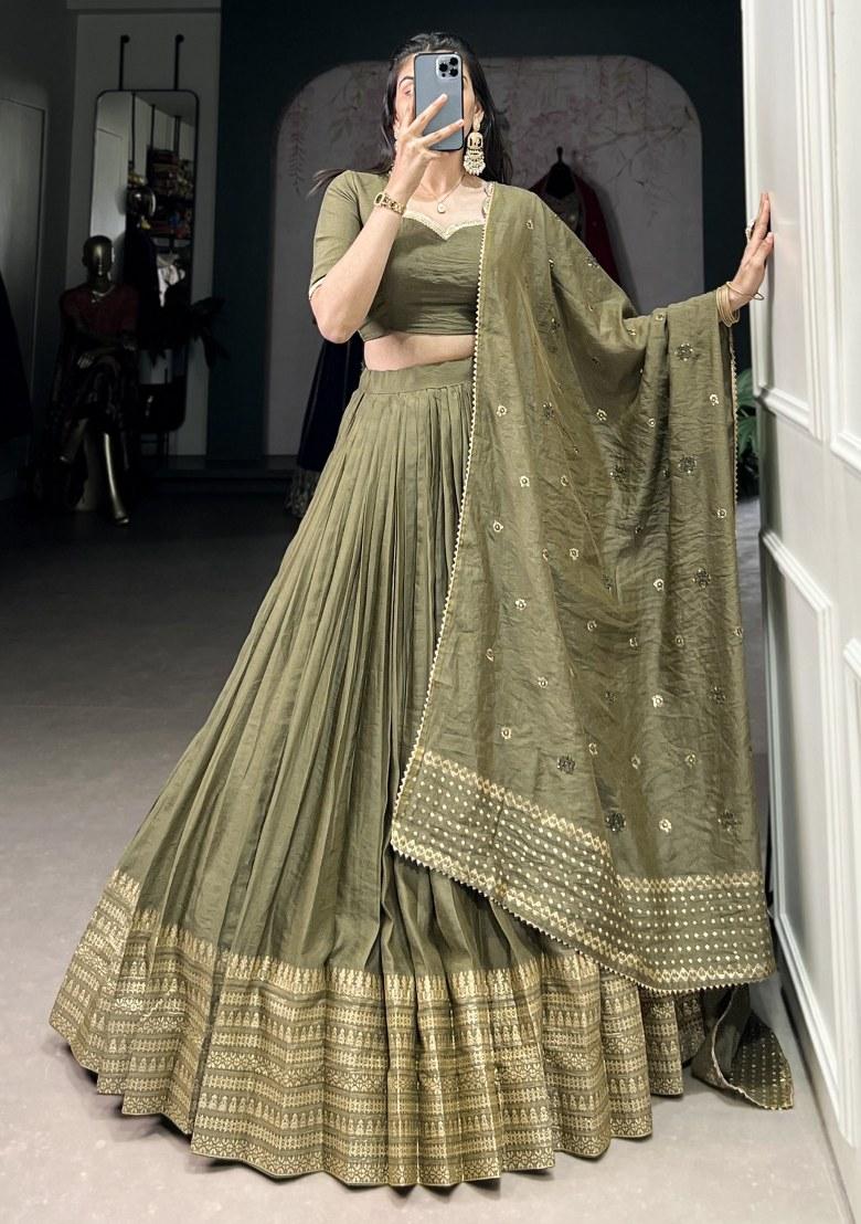 Green Embroidered Chanderi Lehenga Set With Dupatta