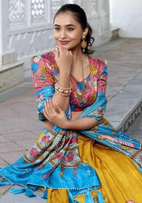 Yellow Printed Silk Lehenga Set With Dupatta