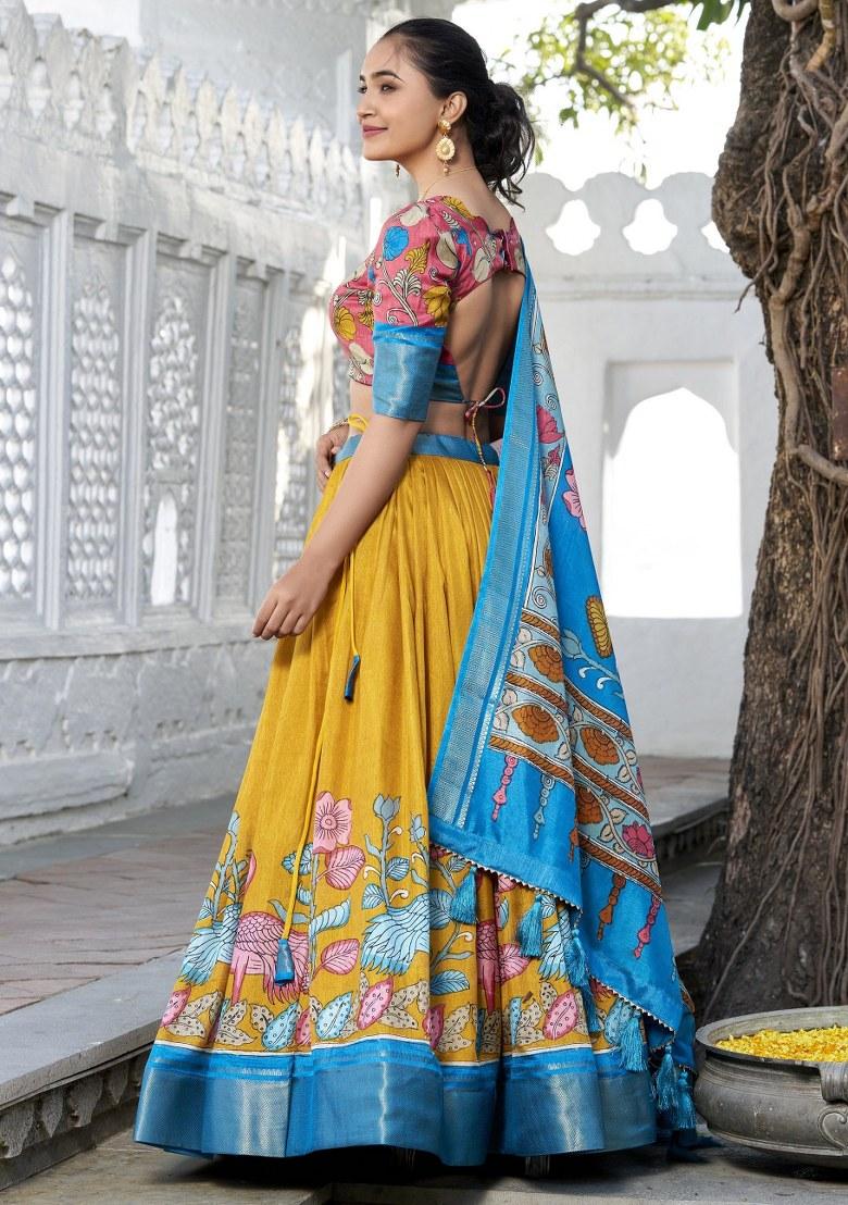 Yellow Printed Silk Lehenga Set With Dupatta