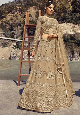 Beige Digital Print Net Lehenga Set