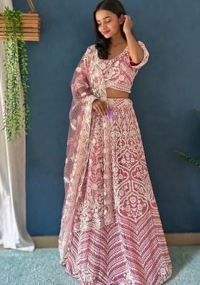 Pink Embroidered Net Lehenga Set With Dupatta
