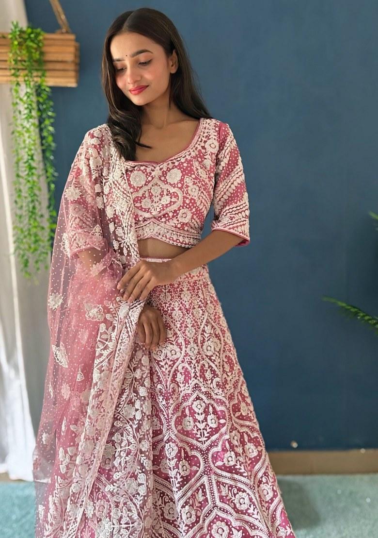 Pink Embroidered Net Lehenga Set With Dupatta