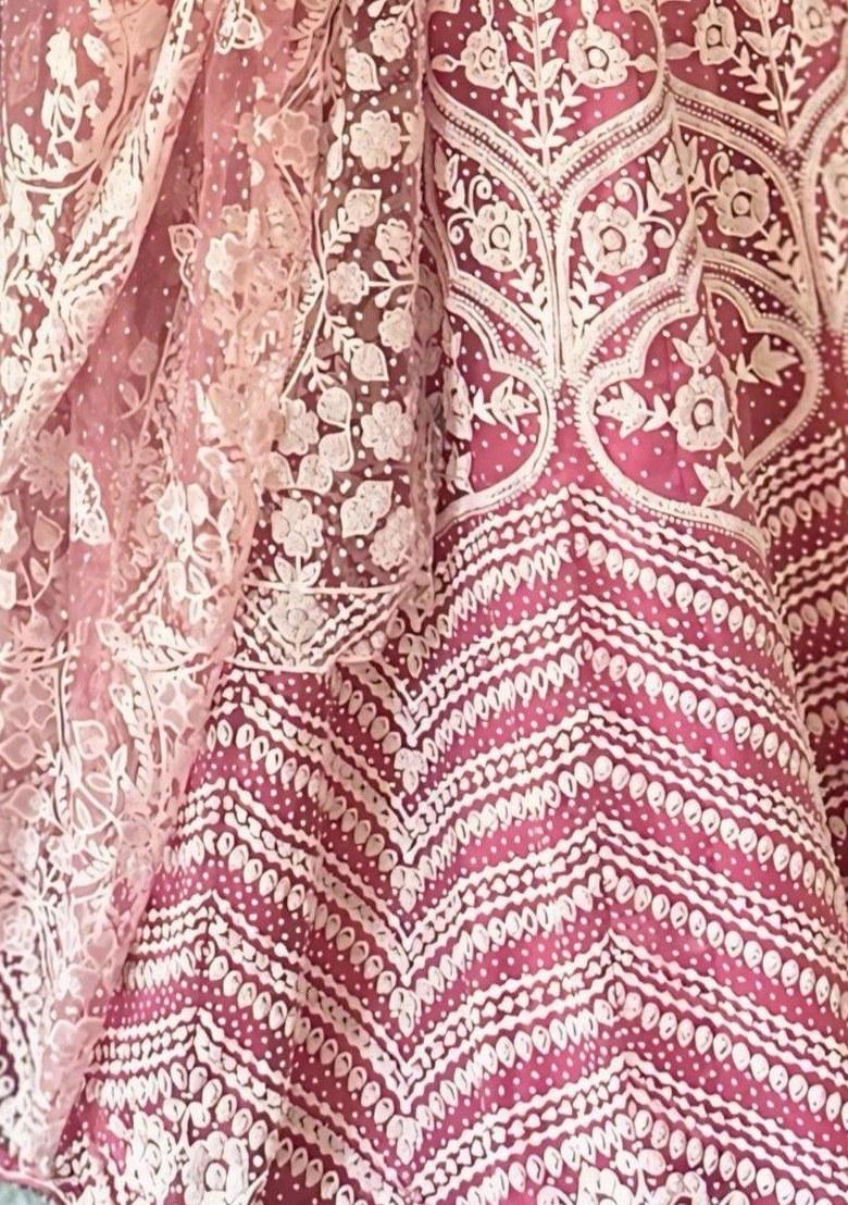 Pink Embroidered Net Lehenga Set With Dupatta