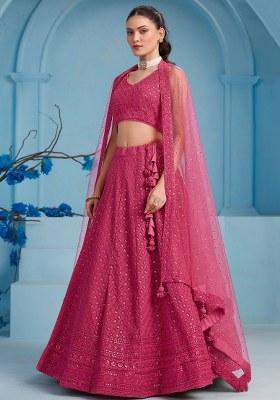 Pink Embroidered Georgette Lehenga Set With Dupatta