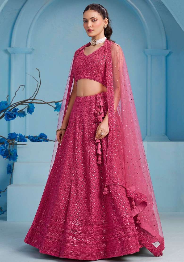 Pink With Dupatta Georgette Lehenga Set with Embroidered for Diwali | Wedding & Festive Wear - Indya