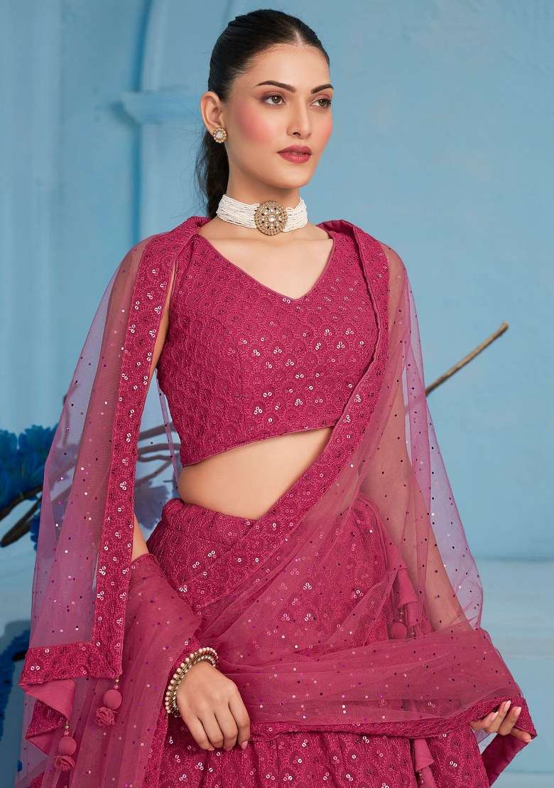 Pink With Dupatta Georgette Lehenga Set with Embroidered for Diwali | Wedding & Festive Wear - Indya