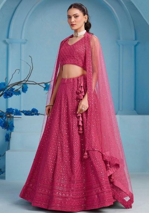 Pink Embroidered Georgette Lehenga Set With Dupatta