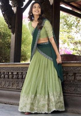 Green Embroidered Organza Lehenga Set With Dupatta