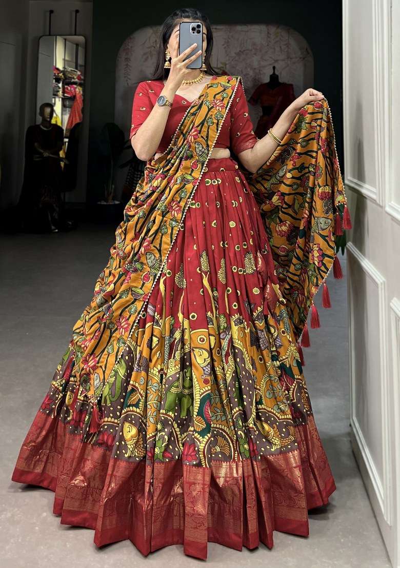 Red Printed Silk Blend Lehenga Set With Dupatta for Diwali and Festive Wear - Indya