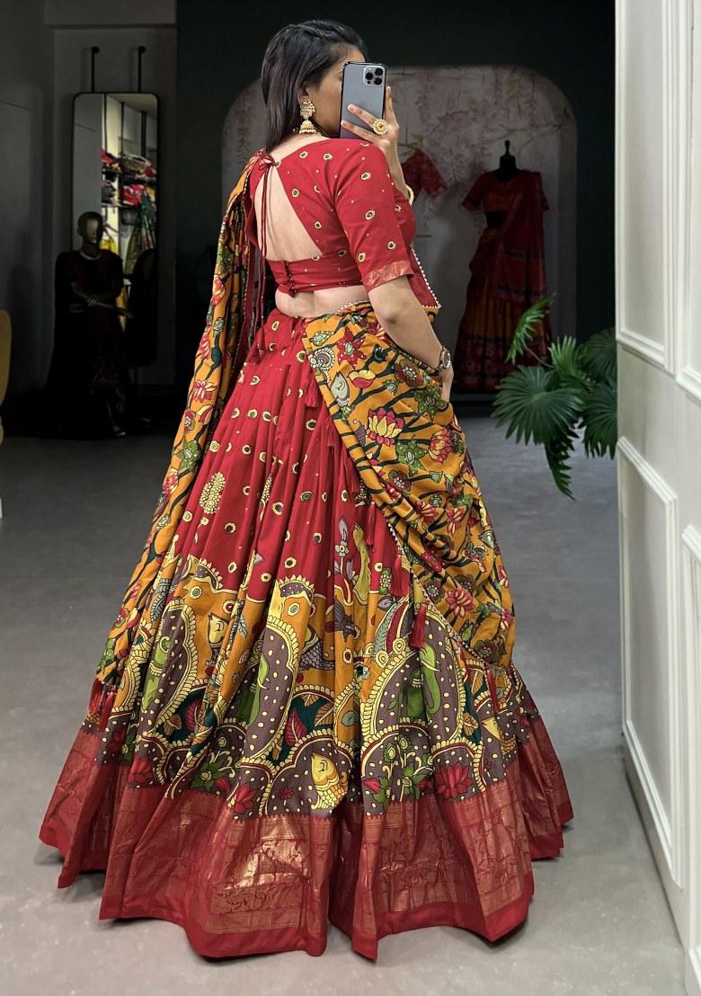 Red Printed Silk Lehenga Set With Dupatta