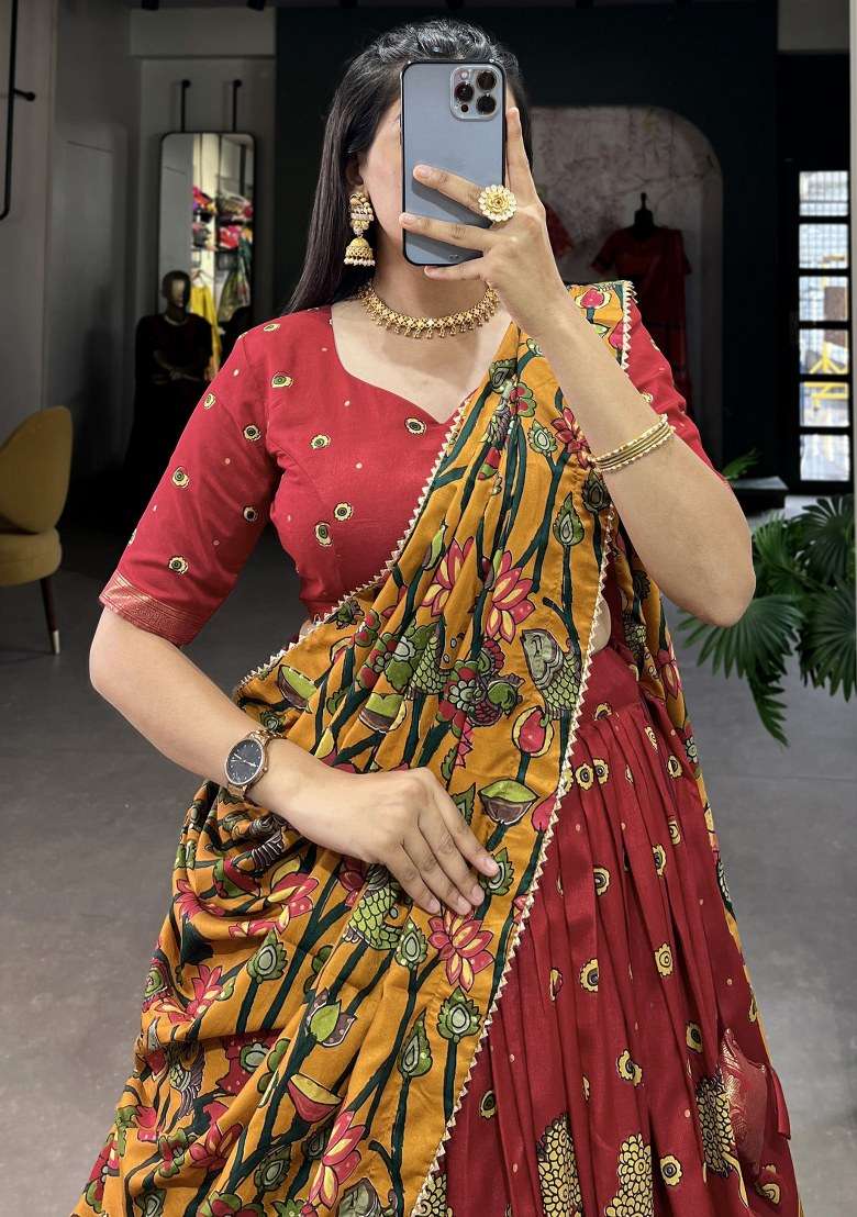 Red Printed Silk Blend Lehenga Set With Dupatta for Diwali and Festive Wear - Indya