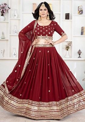 Red Embroidered Georgette Lehenga Set With Dupatta
