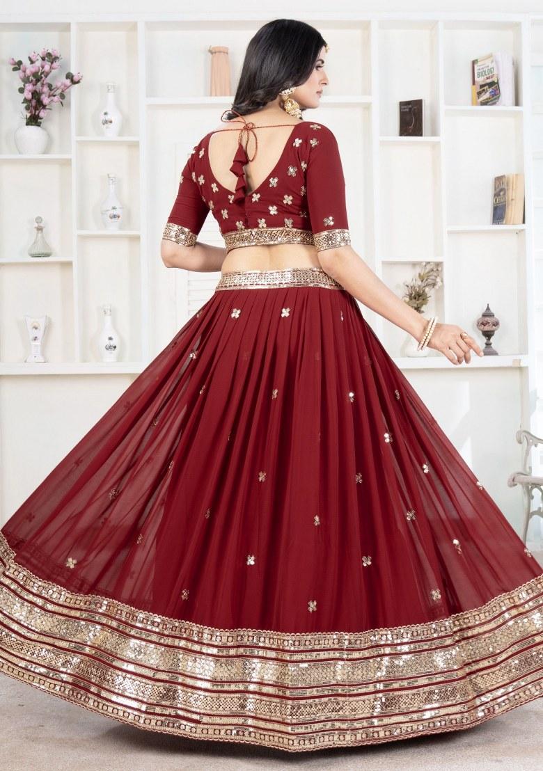 Red Embroidered Georgette Lehenga Set With Dupatta