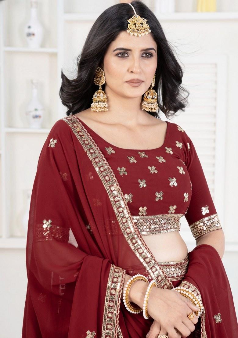 Red Embroidered Georgette Lehenga Set With Dupatta