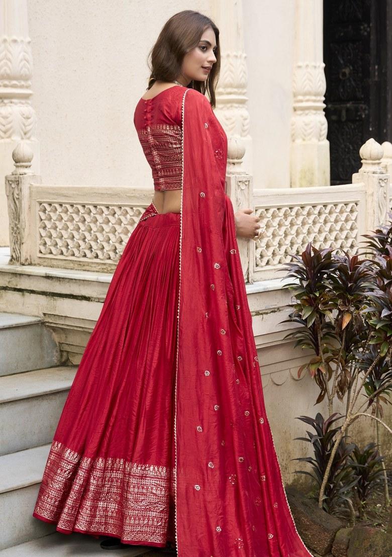 Red Embroidered Chanderi Lehenga Set With Dupatta