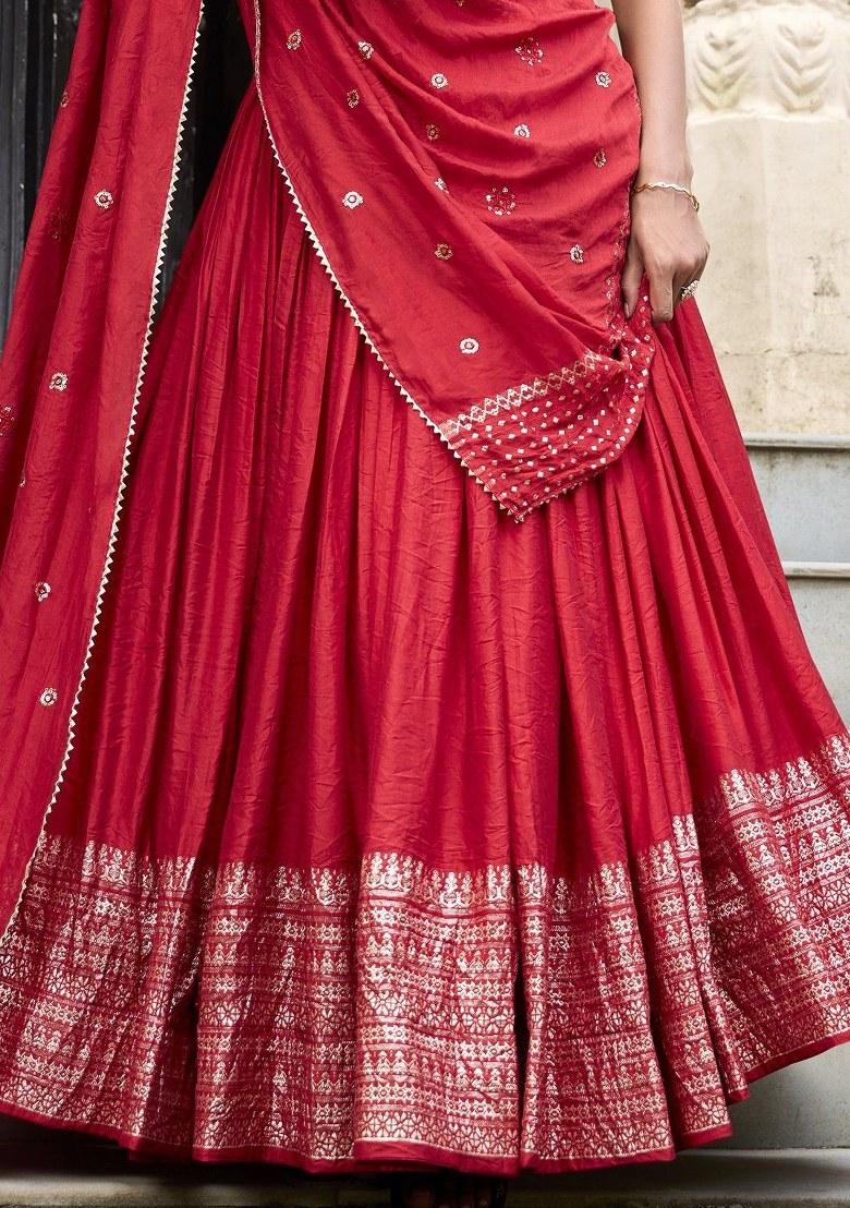 Red Embroidered Chanderi Lehenga Set With Dupatta