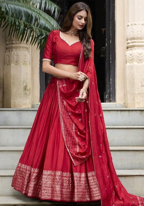 Red Embroidered Chanderi Lehenga Set With Dupatta — view on Indya