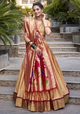 Orange Embroidered Jacquard Lehenga Set With Dupatta