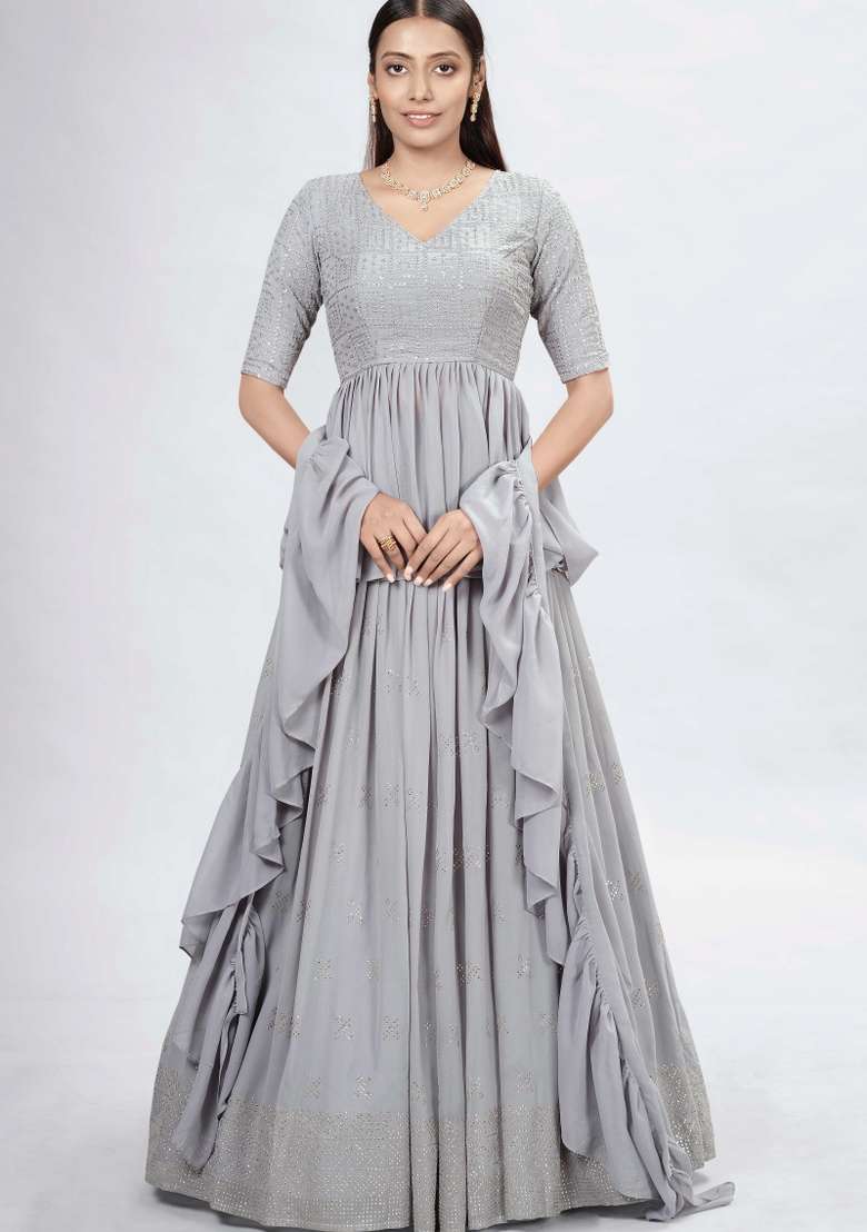 Grey Digital Print Georgette Lehenga Set - Indya