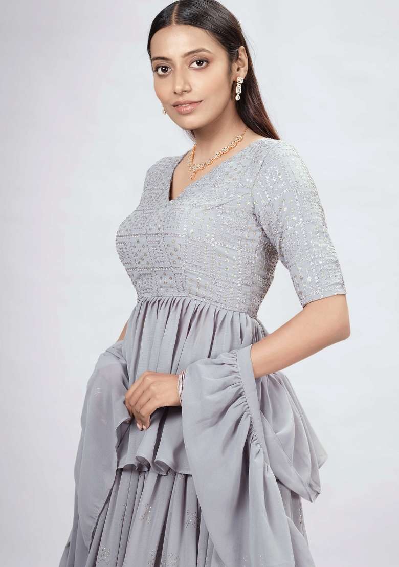 Grey Digital Print Georgette Lehenga Set - Indya