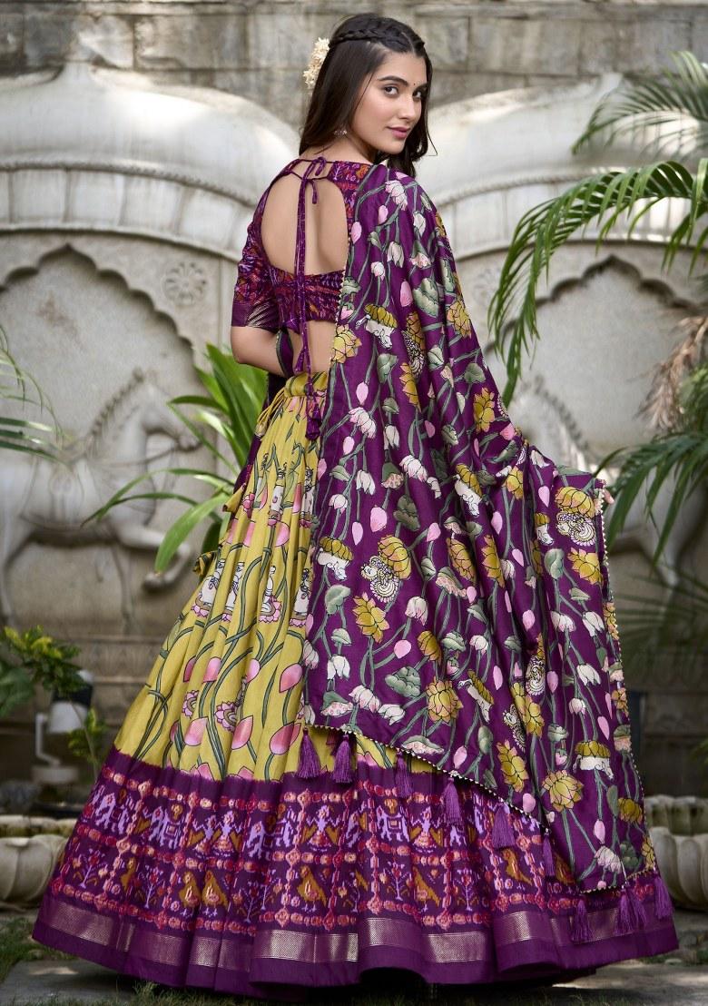 Yellow Printed Silk Lehenga Set With Dupatta