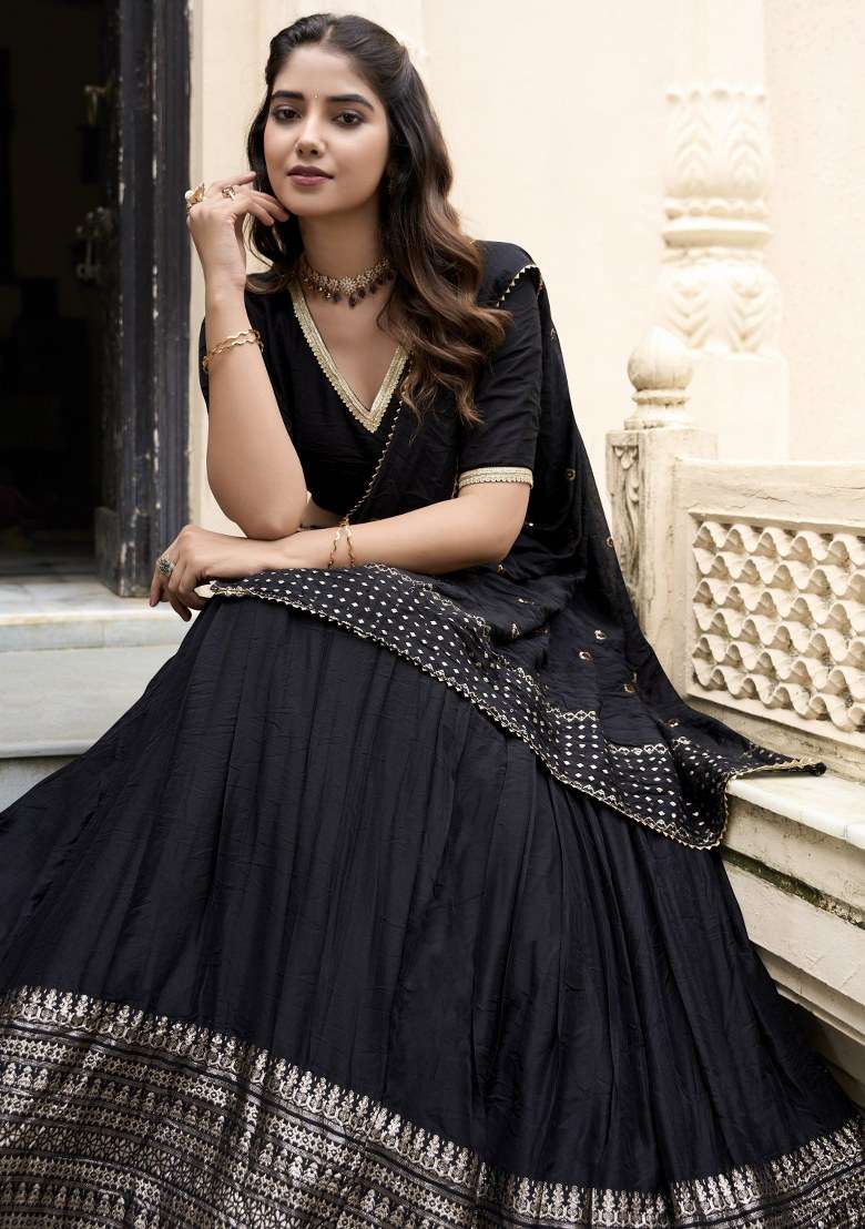 Black Chanderi With Dupatta Lehenga Set with Embroidered for Diwali | Wedding & Festive Wear - Indya